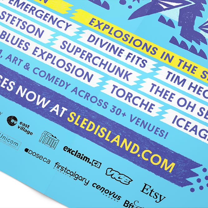 Sled Island print design and production. Rachel Teresa Park, freelance graphic designer in Victoria, BC